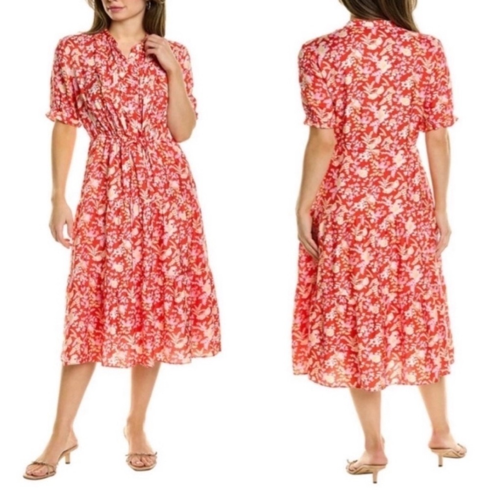 J. McLaughlin Harriet Silk Women’s Lined Floral Short Sleeve Red Dress, size XL - Picture 2 of 14